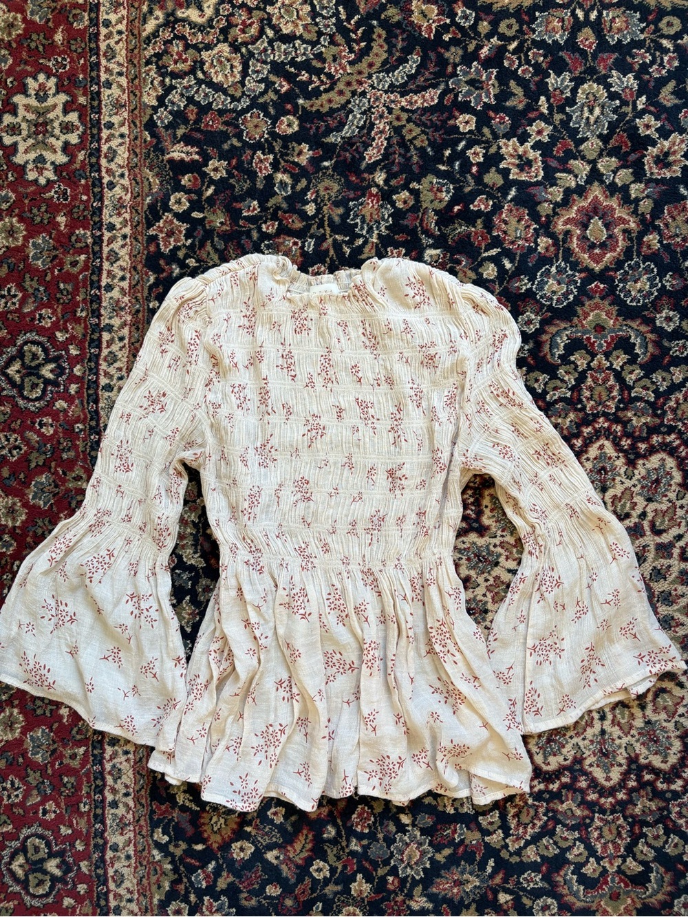 Adiva Cream Blouse with Rust Floral Print and Smocked Waist